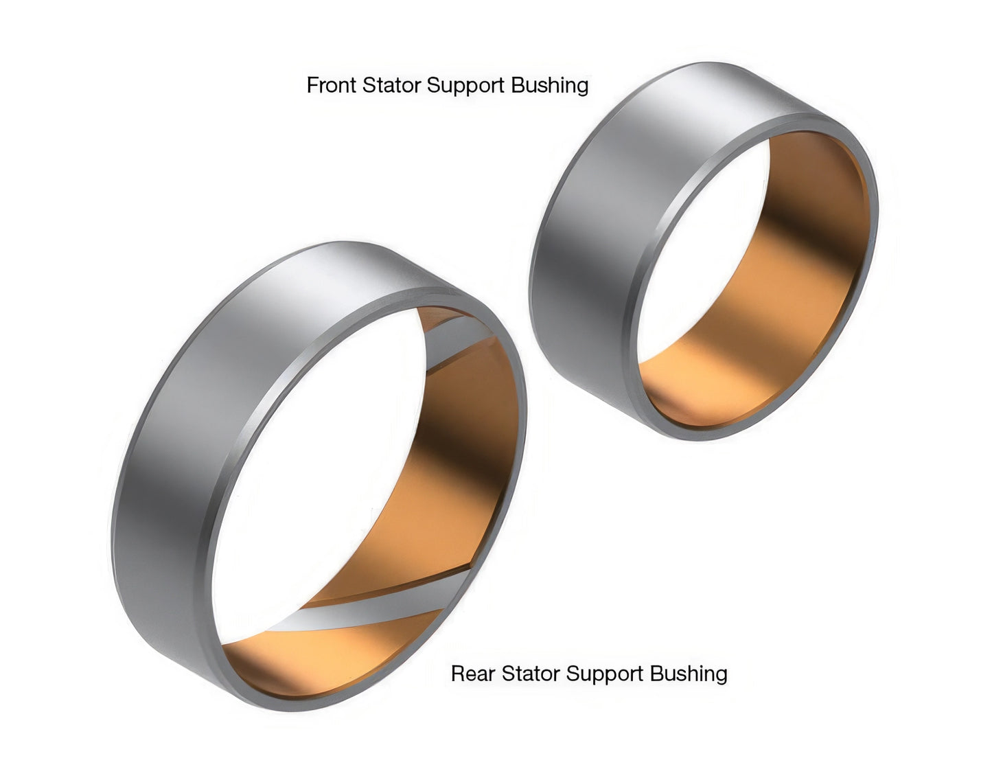 Two metal 6L80 bushings labeled 'Front Stator Support Bushing' and 'Rear Stator Support Bushing' on a white background.