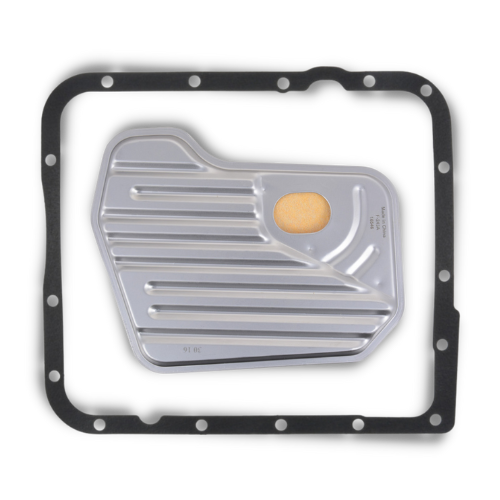 A silver transmission service filter bundle, specifically for the 4L60E model, with a shallow pan design. The image shows the filter along with a fiber pan gasket.