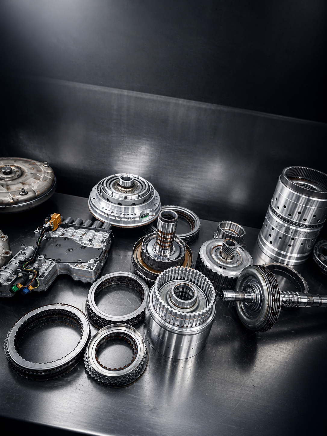 Ford 10-speed automatic transmission disassembled on a workbench during teardown and inspection at Gears Transmission.