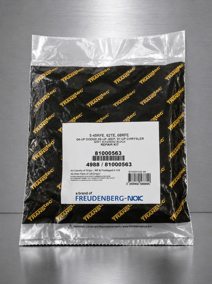 New TransTec Solenoid Block Repair Kit, part number 81000563, designed for 5-45RFE, 62TE, and 68RFE automatic transmissions. 