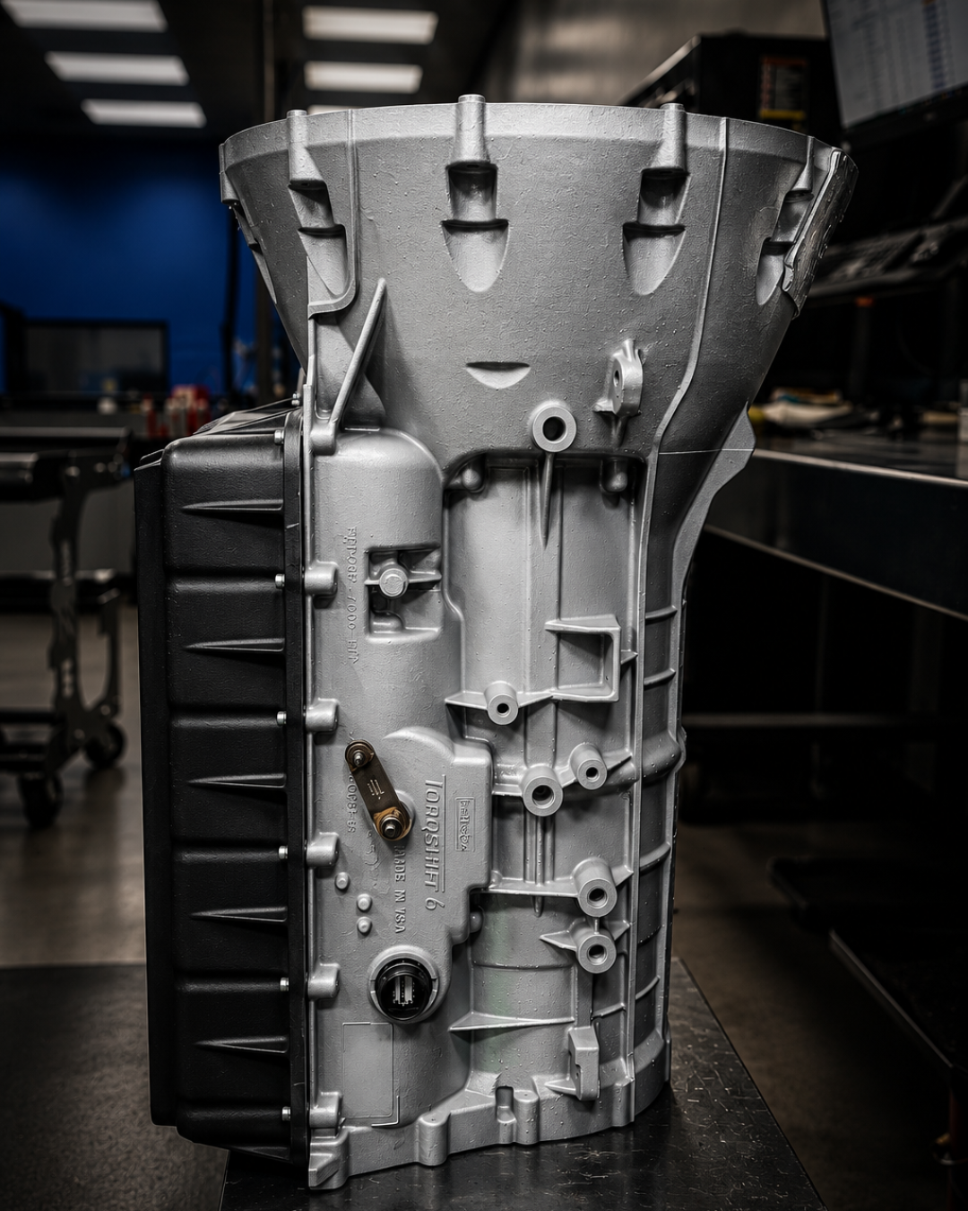 A metallic transmission photographed upright in a workshop or garage setting. The part is predominantly silver-gray metal with a black ribbed side cover and small brass/gold-toned hardware.