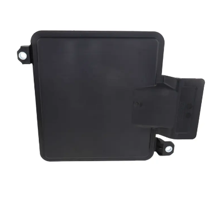 Bottom view of a plastic 850RE transmission filter on a white background