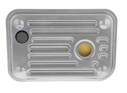 A silver transmission filter for Allison 1000 models from 2001-2006 with a shallow pan design and a visible filter media.