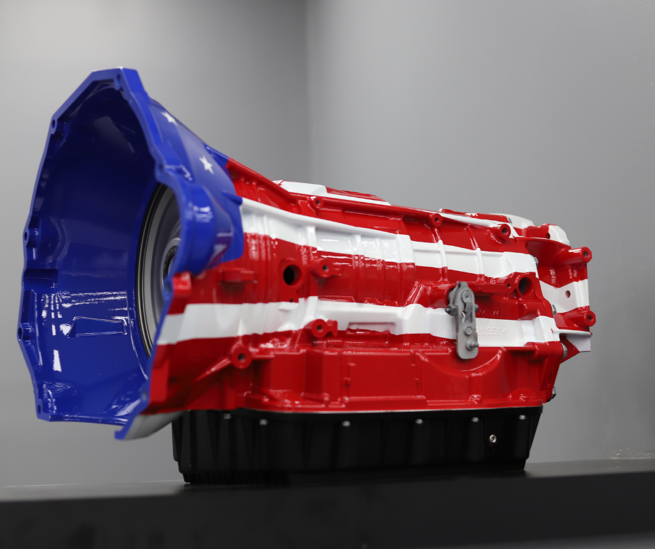 Rebuilt Dodge transmission painted like an American flag