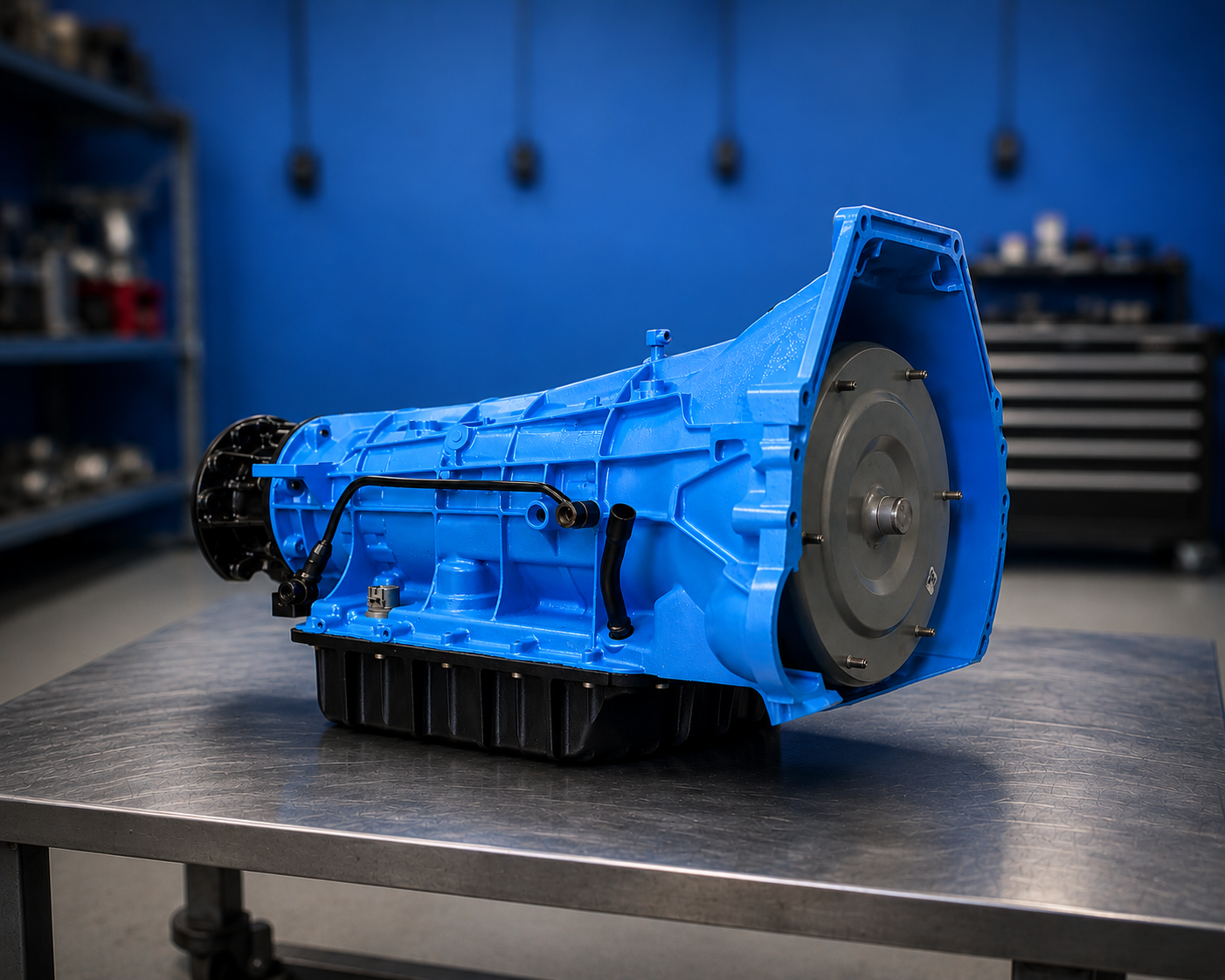 blue and lack ford transmission on clean shop table with a blue background
