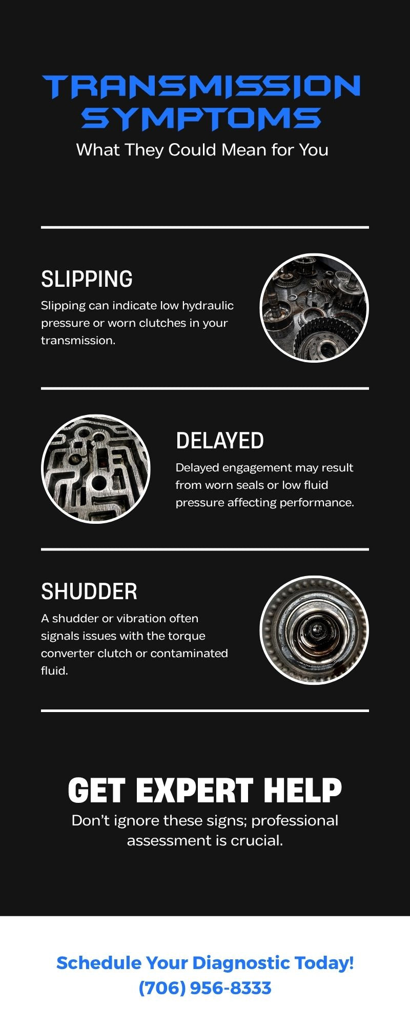 Transmission symptoms infographic highlighting common warning signs such as slipping gears, hard shifting, delayed engagement, fluid leaks, burning odors, unusual noises, and check engine lights to help drivers recognize potential transmission problems early.