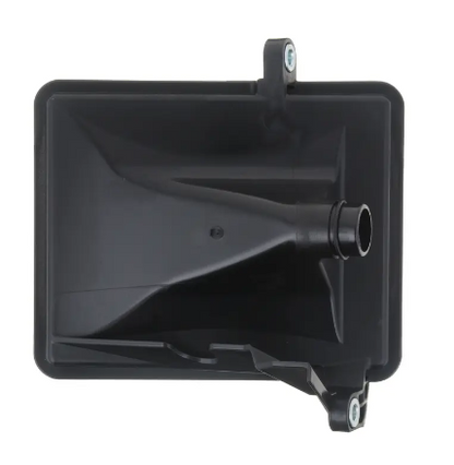 Bottom view of black Honda transmission filter on white background