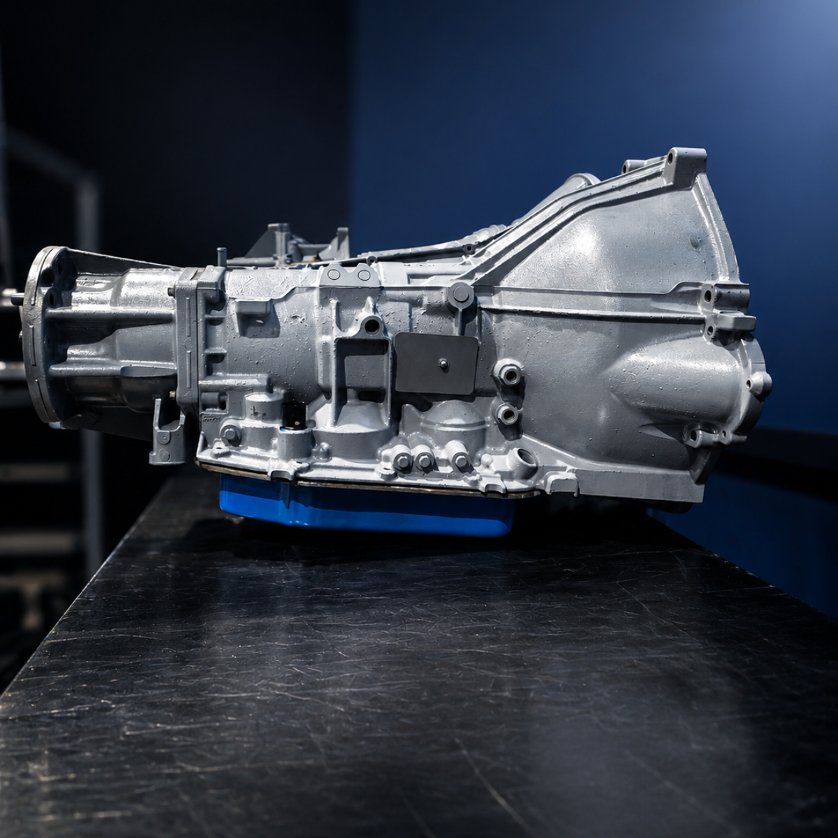 A metallic silver automotive transmission or differential housing assembly resting on a blue support base atop a dark workbench, photographed in a studio-like setting with a dark blue background.