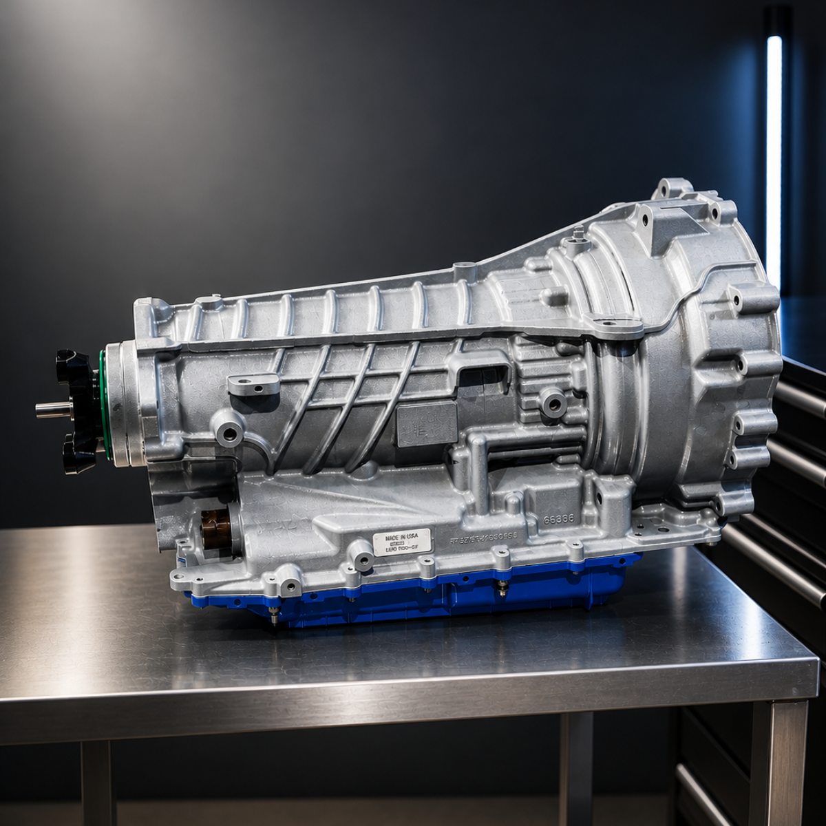 A metallic gray transmission displayed on a shop table with a gray background.