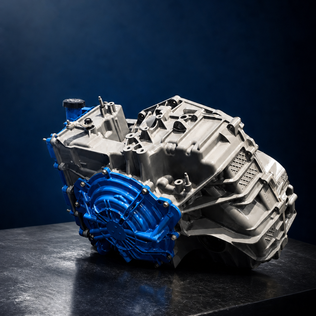 A metallic automotive transmission  displayed on a dark reflective surface against a deep blue studio background.