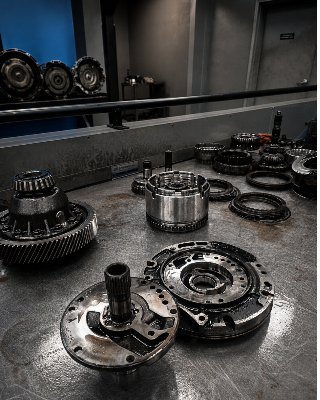A set of used heavy-duty metal automotive transmission and clutch components arranged on a dark metal workbench in an industrial workshop setting.